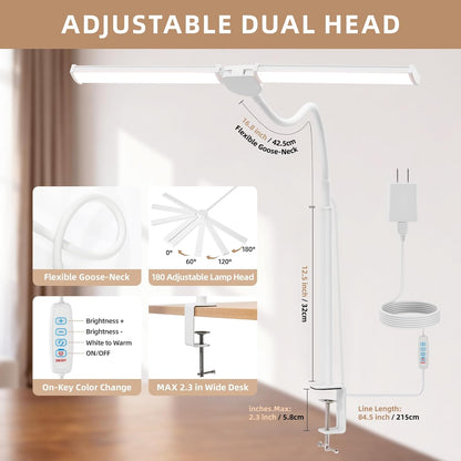 LED Desk Lamp for Home Office, Double Head Desk Light with Clamp