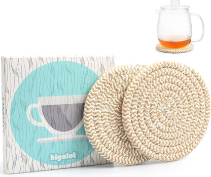 4.8" Drink Cotton Coasters Set of 2 - Boho Woven Drink Pads for Coffee & Tea, Neutral Sandstone Blend Fabric Cup Mats for Desk, Table, Nightstand, Dorm, Giftable Absorbent Coaster Set (Latte)