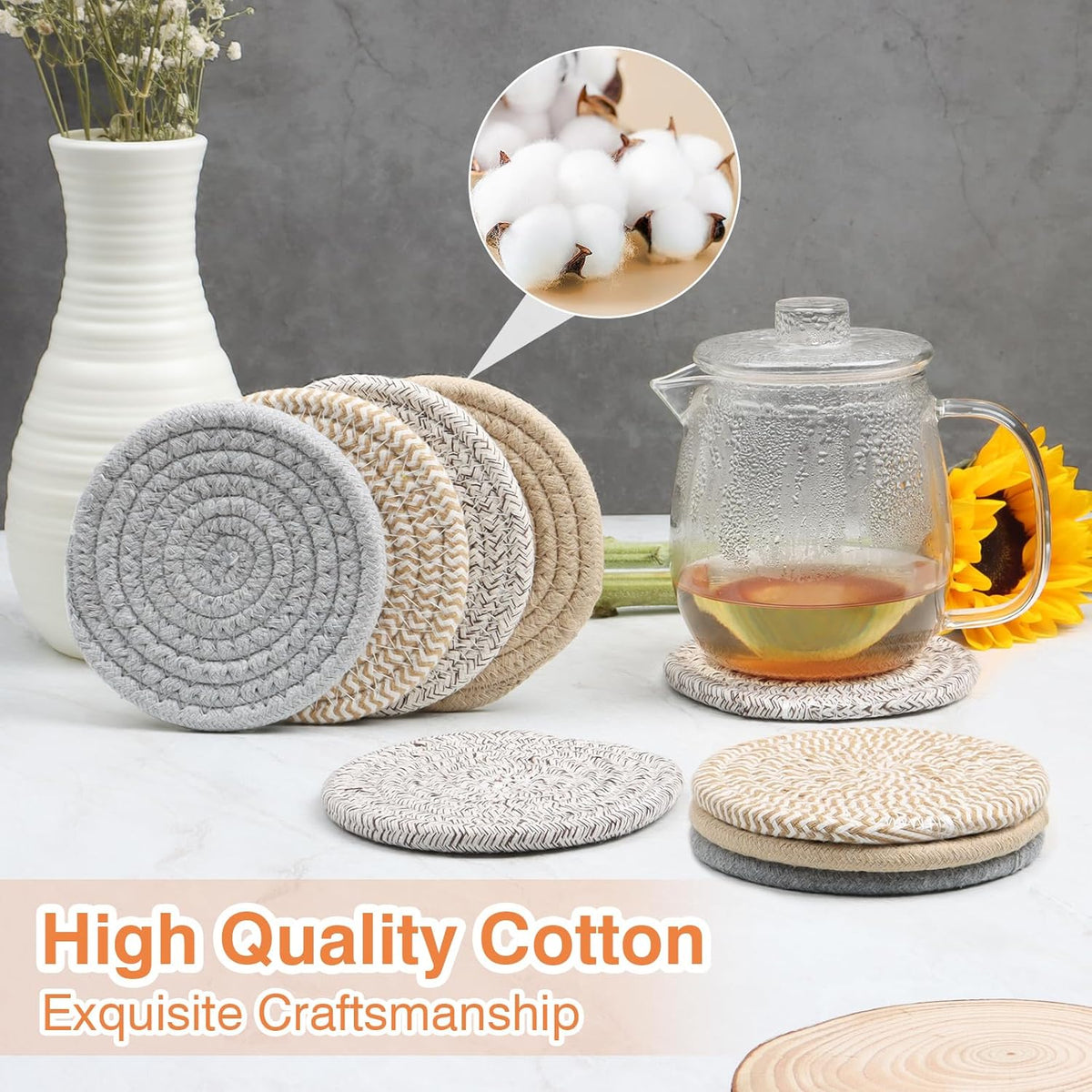 4.8" Drink Cotton Coasters Set of 2 - Boho Woven Drink Pads for Coffee & Tea, Neutral Sandstone Blend Fabric Cup Mats for Desk, Table, Nightstand, Dorm, Giftable Absorbent Coaster Set (Latte)
