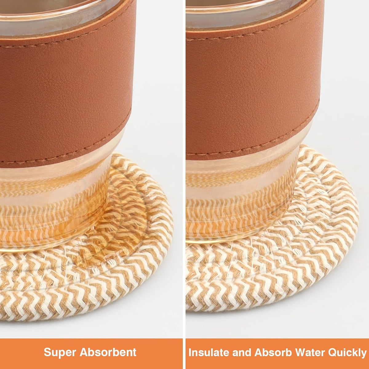 4.8" Drink Cotton Coasters Set of 2 - Boho Woven Drink Pads for Coffee & Tea, Neutral Sandstone Blend Fabric Cup Mats for Desk, Table, Nightstand, Dorm, Giftable Absorbent Coaster Set (Latte)