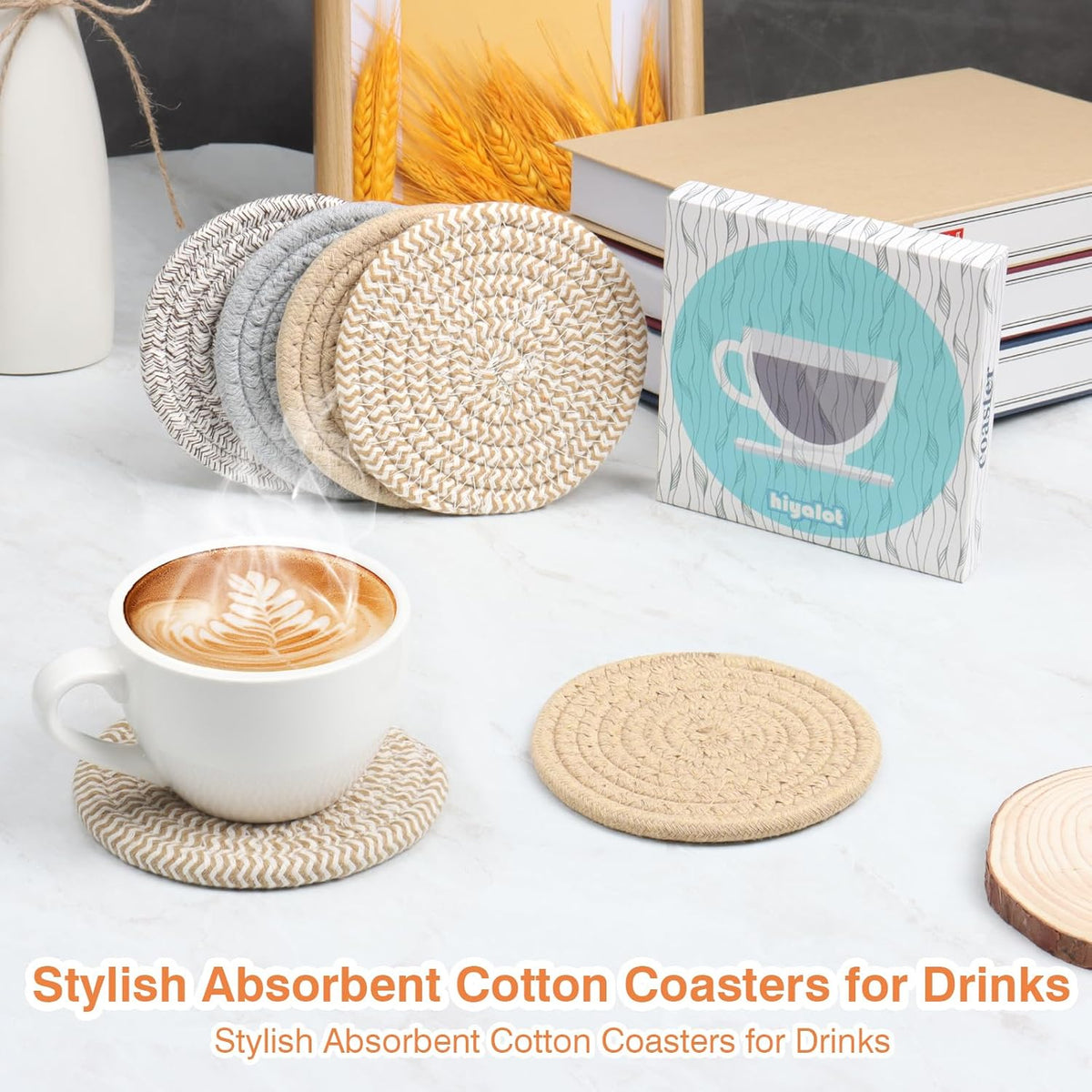 4.8" Drink Cotton Coasters Set of 2 - Boho Woven Drink Pads for Coffee & Tea, Neutral Sandstone Blend Fabric Cup Mats for Desk, Table, Nightstand, Dorm, Giftable Absorbent Coaster Set (Latte)
