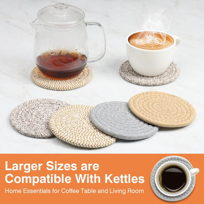 4.8" Drink Cotton Coasters Set of 2 - Boho Woven Drink Pads for Coffee & Tea, Neutral Sandstone Blend Fabric Cup Mats for Desk, Table, Nightstand, Dorm, Giftable Absorbent Coaster Set (Latte)