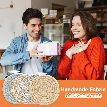 4.8" Drink Cotton Coasters Set of 2 - Boho Woven Drink Pads for Coffee & Tea, Neutral Sandstone Blend Fabric Cup Mats for Desk, Table, Nightstand, Dorm, Giftable Absorbent Coaster Set (Latte)