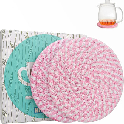 4.8" Drink Cotton Coasters Set of 2 - Boho Woven Drink Pads for Coffee & Tea, Neutral Sandstone Blend Fabric Cup Mats for Desk, Table, Nightstand, Dorm, Giftable Absorbent Coaster Set (Latte)