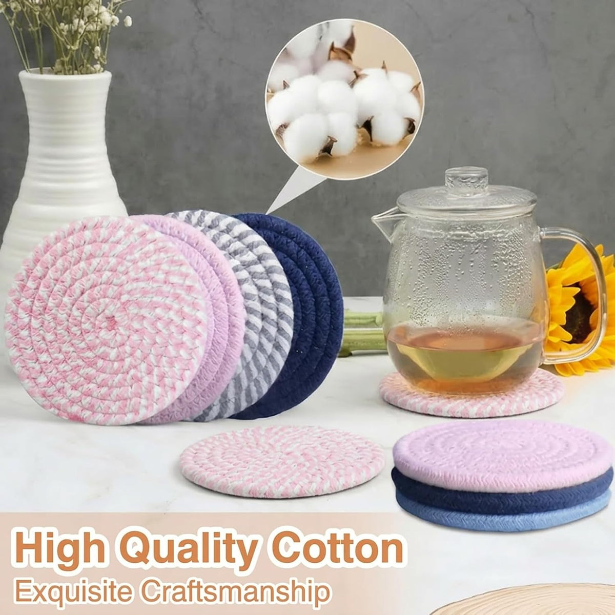 4.8" Drink Cotton Coasters Set of 2 - Boho Woven Drink Pads for Coffee & Tea, Neutral Sandstone Blend Fabric Cup Mats for Desk, Table, Nightstand, Dorm, Giftable Absorbent Coaster Set (Latte)