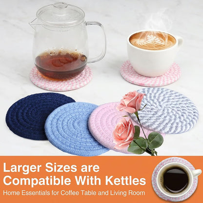 4.8" Drink Cotton Coasters Set of 2 - Boho Woven Drink Pads for Coffee & Tea, Neutral Sandstone Blend Fabric Cup Mats for Desk, Table, Nightstand, Dorm, Giftable Absorbent Coaster Set (Latte)