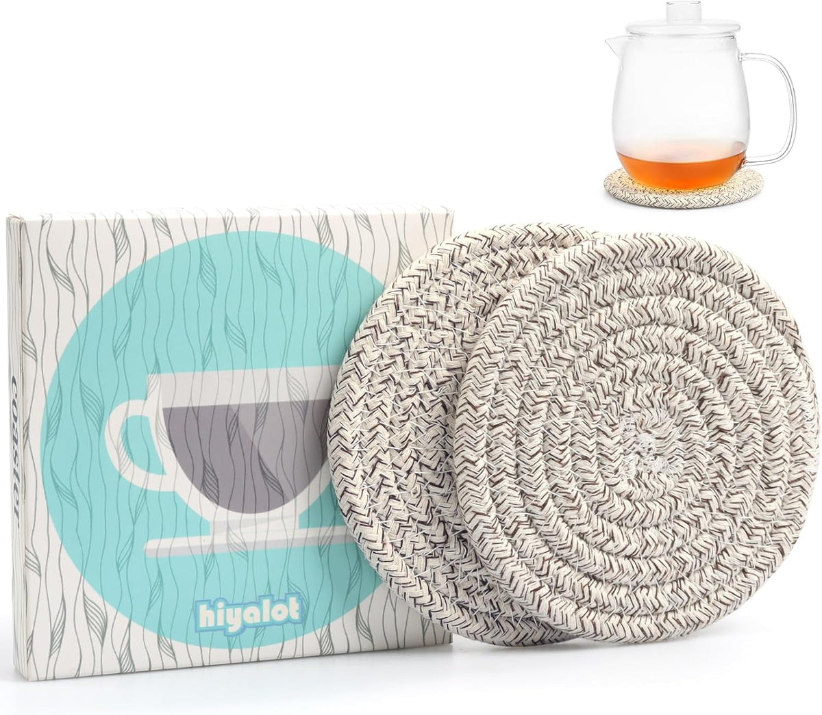 4.8" Drink Cotton Coasters Set of 2 - Boho Woven Drink Pads for Coffee & Tea, Neutral Sandstone Blend Fabric Cup Mats for Desk, Table, Nightstand, Dorm, Giftable Absorbent Coaster Set (Latte)