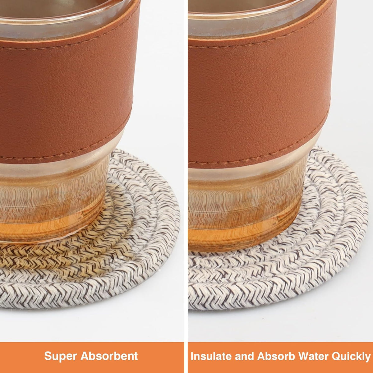 4.8" Drink Cotton Coasters Set of 2 - Boho Woven Drink Pads for Coffee & Tea, Neutral Sandstone Blend Fabric Cup Mats for Desk, Table, Nightstand, Dorm, Giftable Absorbent Coaster Set (Latte)