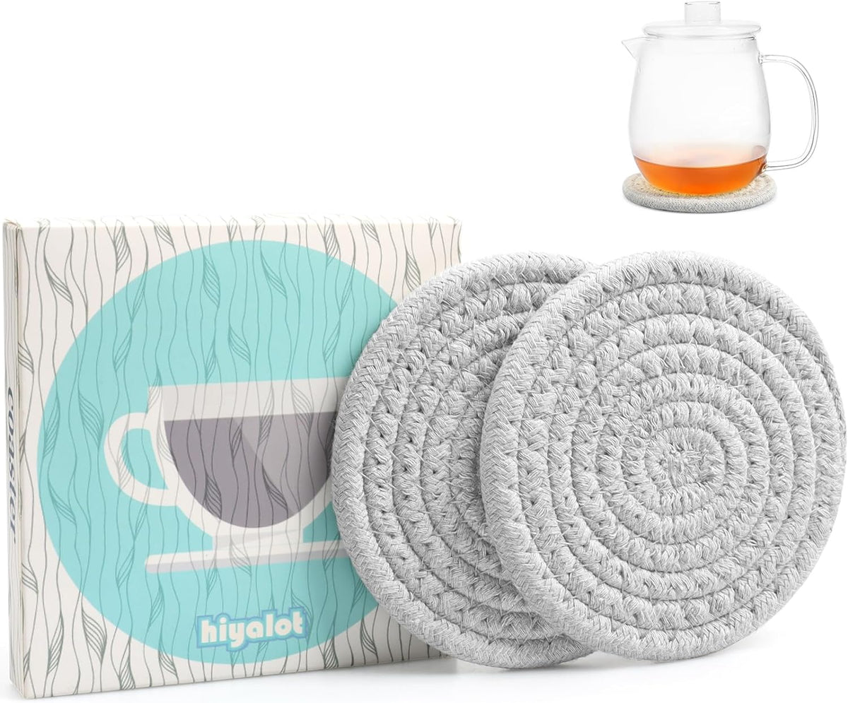 4.8" Drink Cotton Coasters Set of 2 - Boho Woven Drink Pads for Coffee & Tea, Neutral Sandstone Blend Fabric Cup Mats for Desk, Table, Nightstand, Dorm, Giftable Absorbent Coaster Set (Latte)