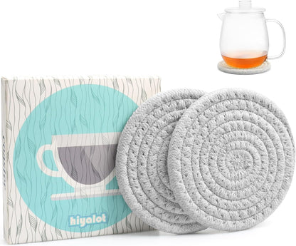 4.8" Drink Cotton Coasters Set of 2 - Boho Woven Drink Pads for Coffee & Tea, Neutral Sandstone Blend Fabric Cup Mats for Desk, Table, Nightstand, Dorm, Giftable Absorbent Coaster Set (Latte)