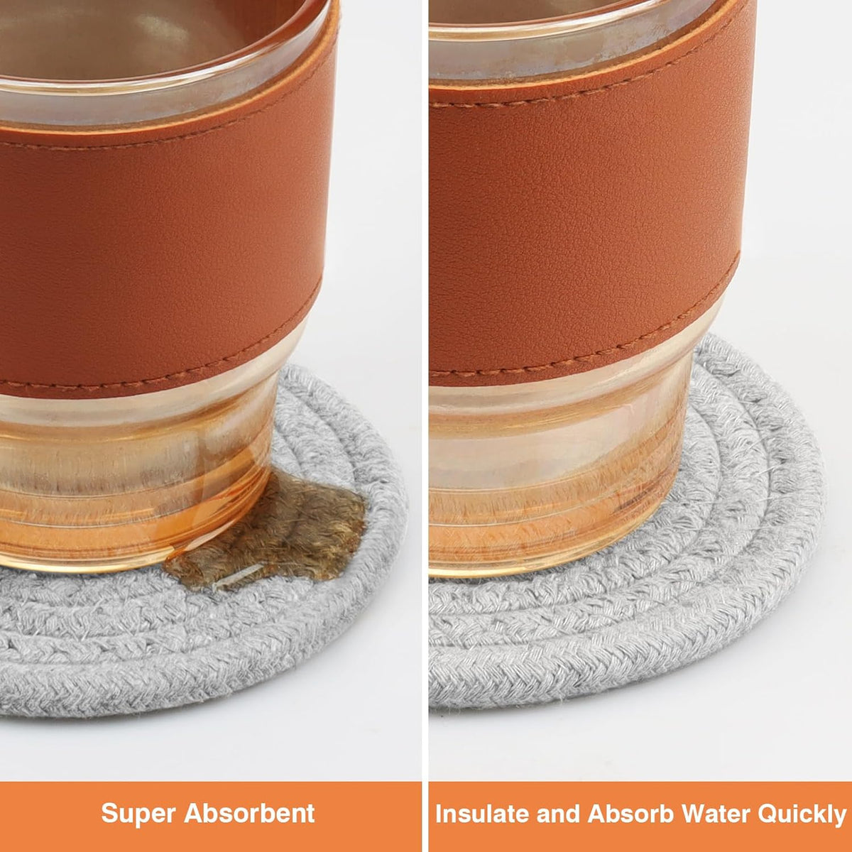 4.8" Drink Cotton Coasters Set of 2 - Boho Woven Drink Pads for Coffee & Tea, Neutral Sandstone Blend Fabric Cup Mats for Desk, Table, Nightstand, Dorm, Giftable Absorbent Coaster Set (Latte)