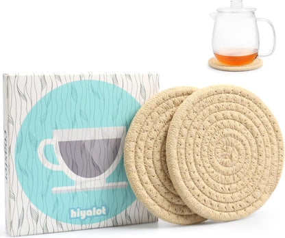 4.8" Drink Cotton Coasters Set of 2 - Boho Woven Drink Pads for Coffee & Tea, Neutral Sandstone Blend Fabric Cup Mats for Desk, Table, Nightstand, Dorm, Giftable Absorbent Coaster Set (Latte)