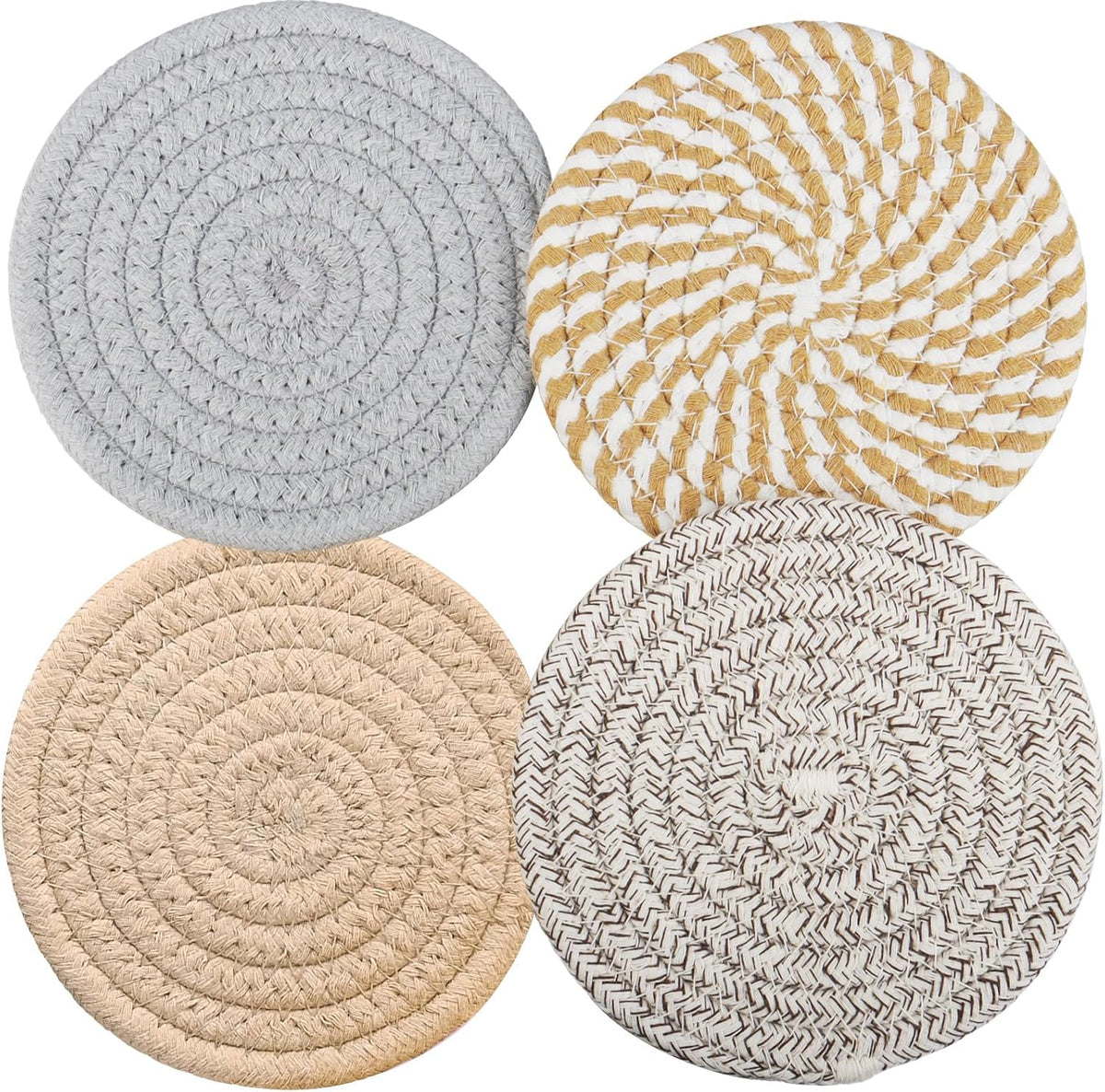4.8" Drink Cotton Coasters Set of 2 - Boho Woven Drink Pads for Coffee & Tea, Neutral Sandstone Blend Fabric Cup Mats for Desk, Table, Nightstand, Dorm, Giftable Absorbent Coaster Set (Latte)