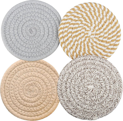 4.8" Drink Cotton Coasters Set of 2 - Boho Woven Drink Pads for Coffee & Tea, Neutral Sandstone Blend Fabric Cup Mats for Desk, Table, Nightstand, Dorm, Giftable Absorbent Coaster Set (Latte)