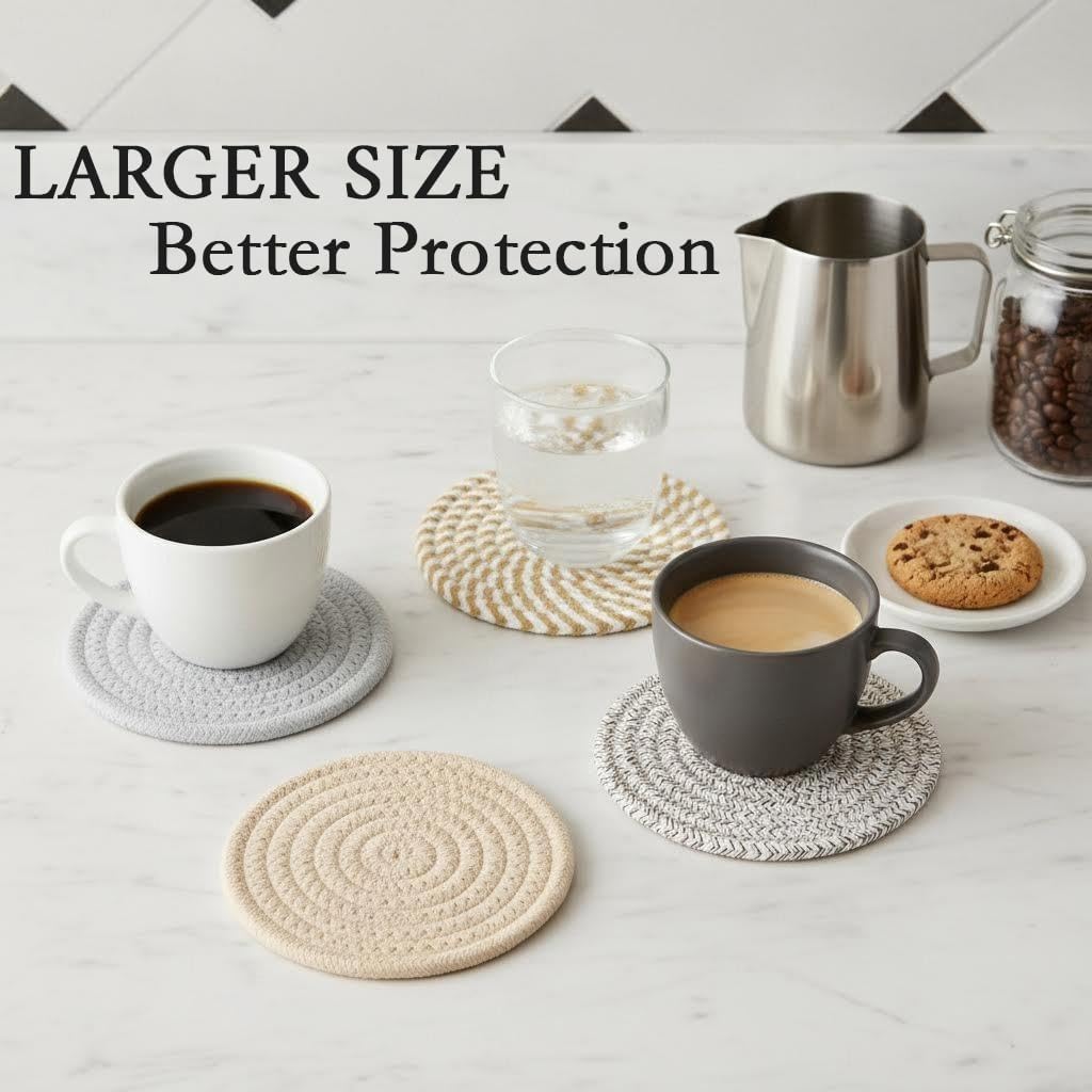 4.8" Drink Cotton Coasters Set of 2 - Boho Woven Drink Pads for Coffee & Tea, Neutral Sandstone Blend Fabric Cup Mats for Desk, Table, Nightstand, Dorm, Giftable Absorbent Coaster Set (Latte)