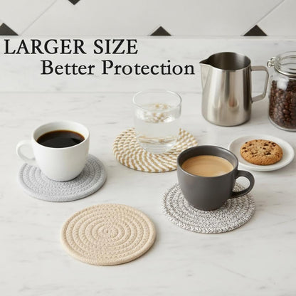 4.8" Drink Cotton Coasters Set of 2 - Boho Woven Drink Pads for Coffee & Tea, Neutral Sandstone Blend Fabric Cup Mats for Desk, Table, Nightstand, Dorm, Giftable Absorbent Coaster Set (Latte)