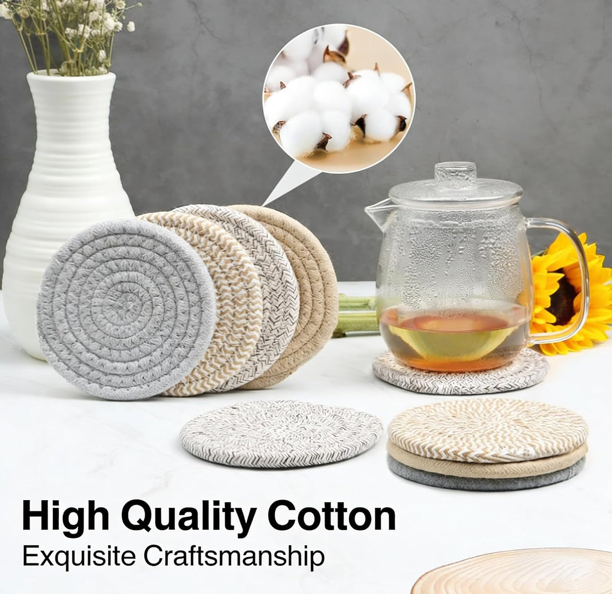 4.8" Drink Cotton Coasters Set of 2 - Boho Woven Drink Pads for Coffee & Tea, Neutral Sandstone Blend Fabric Cup Mats for Desk, Table, Nightstand, Dorm, Giftable Absorbent Coaster Set (Latte)