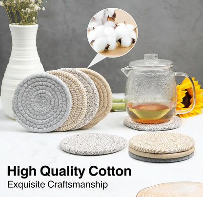 4.8" Drink Cotton Coasters Set of 2 - Boho Woven Drink Pads for Coffee & Tea, Neutral Sandstone Blend Fabric Cup Mats for Desk, Table, Nightstand, Dorm, Giftable Absorbent Coaster Set (Latte)