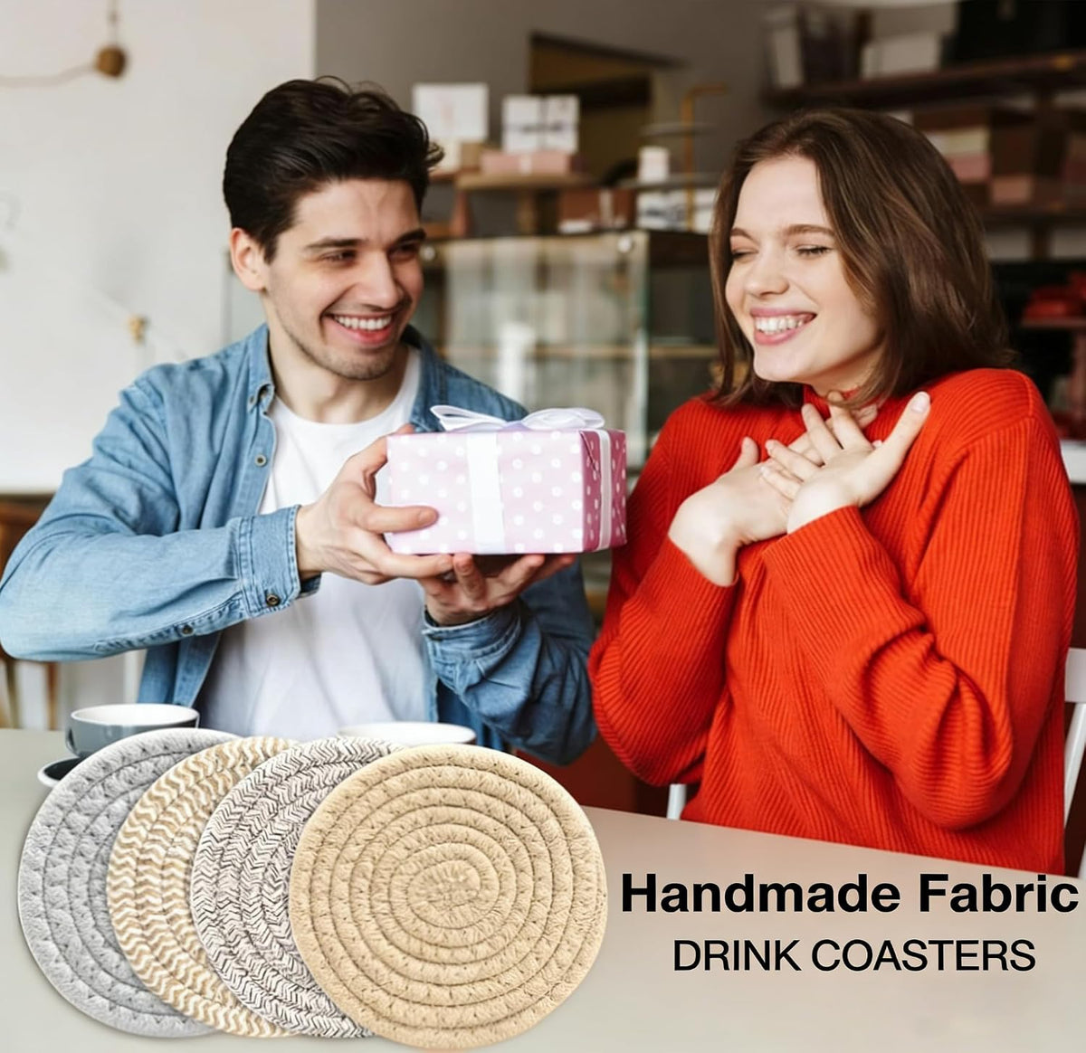 4.8" Drink Cotton Coasters Set of 2 - Boho Woven Drink Pads for Coffee & Tea, Neutral Sandstone Blend Fabric Cup Mats for Desk, Table, Nightstand, Dorm, Giftable Absorbent Coaster Set (Latte)