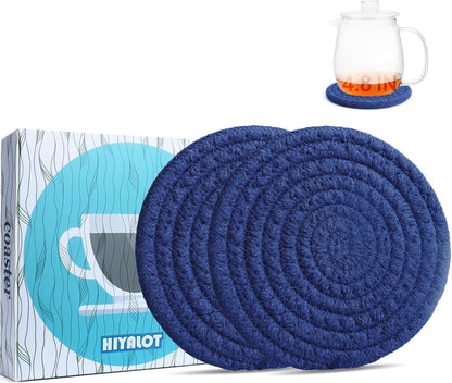 4.8" Drink Cotton Coasters Set of 2 - Boho Woven Drink Pads for Coffee & Tea, Neutral Sandstone Blend Fabric Cup Mats for Desk, Table, Nightstand, Dorm, Giftable Absorbent Coaster Set (Latte)