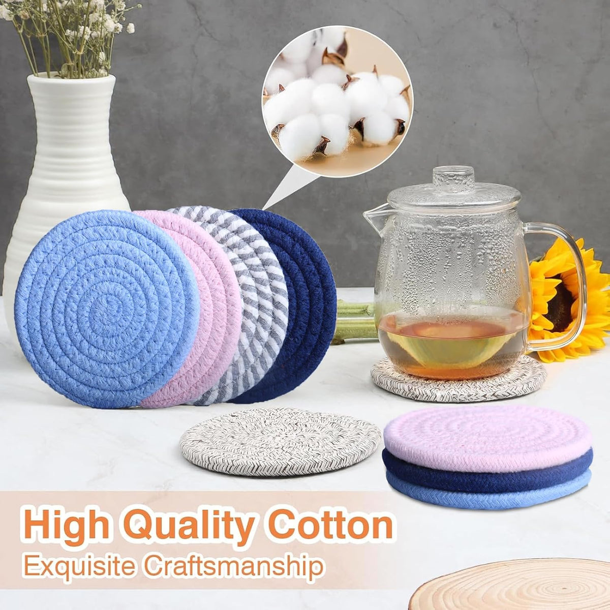 4.8" Drink Cotton Coasters Set of 2 - Boho Woven Drink Pads for Coffee & Tea, Neutral Sandstone Blend Fabric Cup Mats for Desk, Table, Nightstand, Dorm, Giftable Absorbent Coaster Set (Latte)