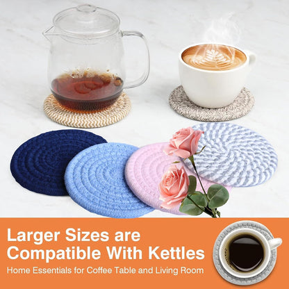 4.8" Drink Cotton Coasters Set of 2 - Boho Woven Drink Pads for Coffee & Tea, Neutral Sandstone Blend Fabric Cup Mats for Desk, Table, Nightstand, Dorm, Giftable Absorbent Coaster Set (Latte)