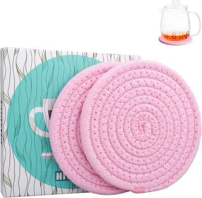 4.8" Drink Cotton Coasters Set of 2 - Boho Woven Drink Pads for Coffee & Tea, Neutral Sandstone Blend Fabric Cup Mats for Desk, Table, Nightstand, Dorm, Giftable Absorbent Coaster Set (Latte)