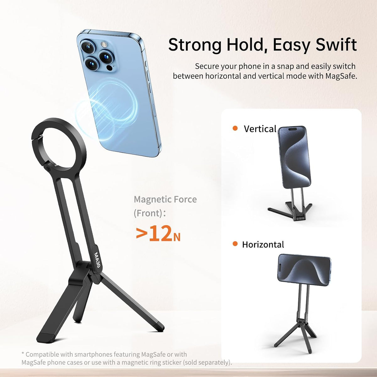 MA30 Magnetic Phone Tripod Stand for iPhone - Aluminium Maglock Smartphone Mini Tripod Pocket Cell Phone Stand Strong Magnet Quick Mount Compatible with iPhone 17 16 15 14 13 12 Series, Black