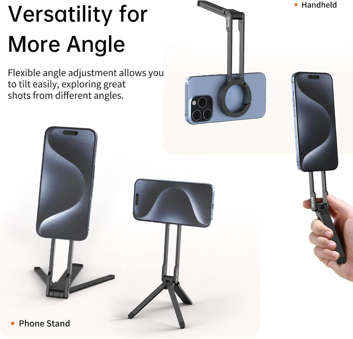 MA30 Magnetic Phone Tripod Stand for iPhone - Aluminium Maglock Smartphone Mini Tripod Pocket Cell Phone Stand Strong Magnet Quick Mount Compatible with iPhone 17 16 15 14 13 12 Series, Black