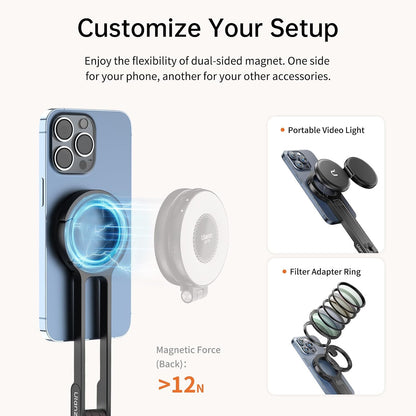 MA30 Magnetic Phone Tripod Stand for iPhone - Aluminium Maglock Smartphone Mini Tripod Pocket Cell Phone Stand Strong Magnet Quick Mount Compatible with iPhone 17 16 15 14 13 12 Series, Black