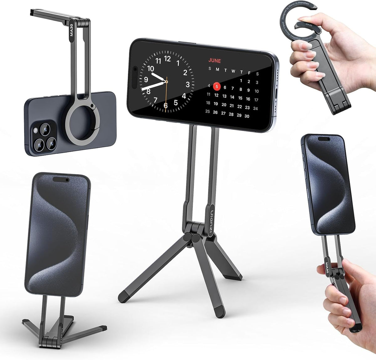 MA30 Magnetic Phone Tripod Stand for iPhone - Aluminium Maglock Smartphone Mini Tripod Pocket Cell Phone Stand Strong Magnet Quick Mount Compatible with iPhone 17 16 15 14 13 12 Series, Black