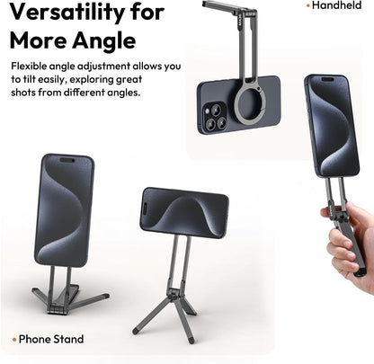 MA30 Magnetic Phone Tripod Stand for iPhone - Aluminium Maglock Smartphone Mini Tripod Pocket Cell Phone Stand Strong Magnet Quick Mount Compatible with iPhone 17 16 15 14 13 12 Series, Black