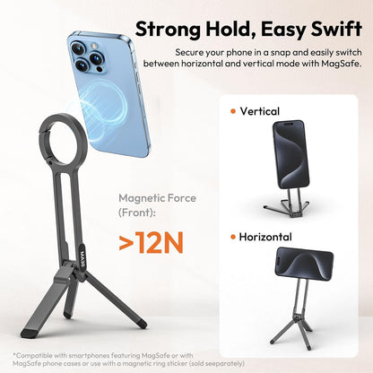 MA30 Magnetic Phone Tripod Stand for iPhone - Aluminium Maglock Smartphone Mini Tripod Pocket Cell Phone Stand Strong Magnet Quick Mount Compatible with iPhone 17 16 15 14 13 12 Series, Black