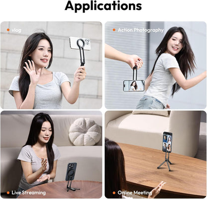 MA30 Magnetic Phone Tripod Stand for iPhone - Aluminium Maglock Smartphone Mini Tripod Pocket Cell Phone Stand Strong Magnet Quick Mount Compatible with iPhone 17 16 15 14 13 12 Series, Black