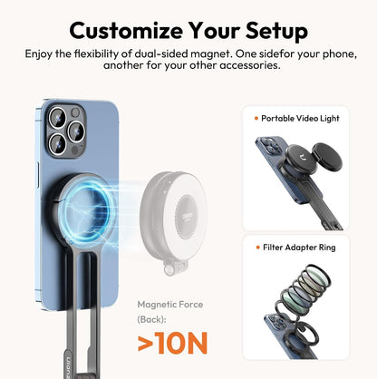 MA30 Magnetic Phone Tripod Stand for iPhone - Aluminium Maglock Smartphone Mini Tripod Pocket Cell Phone Stand Strong Magnet Quick Mount Compatible with iPhone 17 16 15 14 13 12 Series, Black