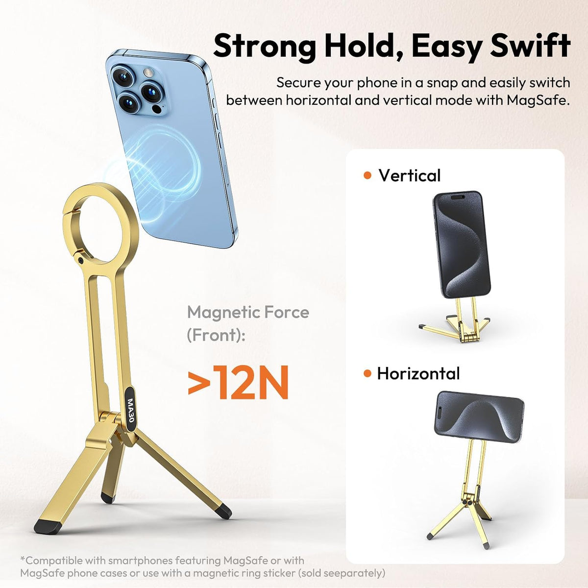 MA30 Magnetic Phone Tripod Stand for iPhone - Aluminium Maglock Smartphone Mini Tripod Pocket Cell Phone Stand Strong Magnet Quick Mount Compatible with iPhone 17 16 15 14 13 12 Series, Black