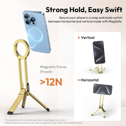 MA30 Magnetic Phone Tripod Stand for iPhone - Aluminium Maglock Smartphone Mini Tripod Pocket Cell Phone Stand Strong Magnet Quick Mount Compatible with iPhone 17 16 15 14 13 12 Series, Black