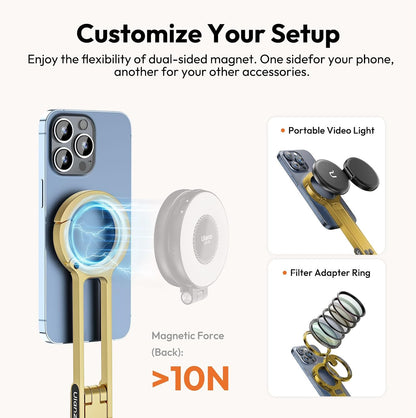 MA30 Magnetic Phone Tripod Stand for iPhone - Aluminium Maglock Smartphone Mini Tripod Pocket Cell Phone Stand Strong Magnet Quick Mount Compatible with iPhone 17 16 15 14 13 12 Series, Black