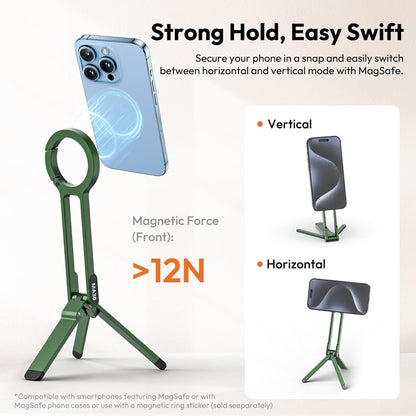 MA30 Magnetic Phone Tripod Stand for iPhone - Aluminium Maglock Smartphone Mini Tripod Pocket Cell Phone Stand Strong Magnet Quick Mount Compatible with iPhone 17 16 15 14 13 12 Series, Black