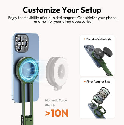 MA30 Magnetic Phone Tripod Stand for iPhone - Aluminium Maglock Smartphone Mini Tripod Pocket Cell Phone Stand Strong Magnet Quick Mount Compatible with iPhone 17 16 15 14 13 12 Series, Black