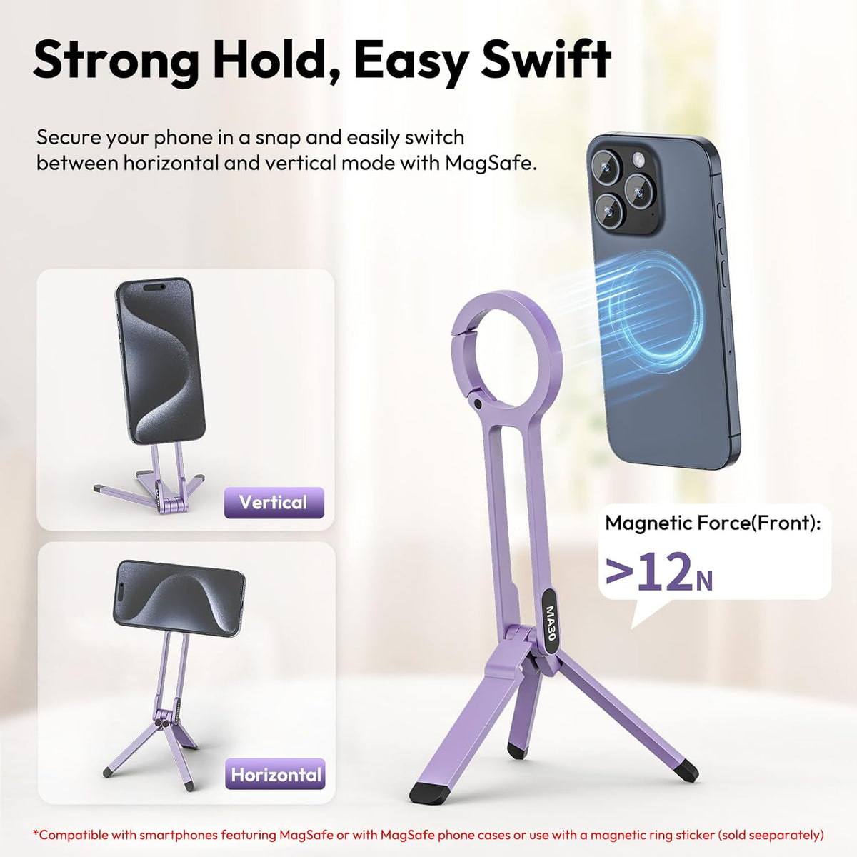 MA30 Magnetic Phone Tripod Stand for iPhone - Aluminium Maglock Smartphone Mini Tripod Pocket Cell Phone Stand Strong Magnet Quick Mount Compatible with iPhone 17 16 15 14 13 12 Series, Black