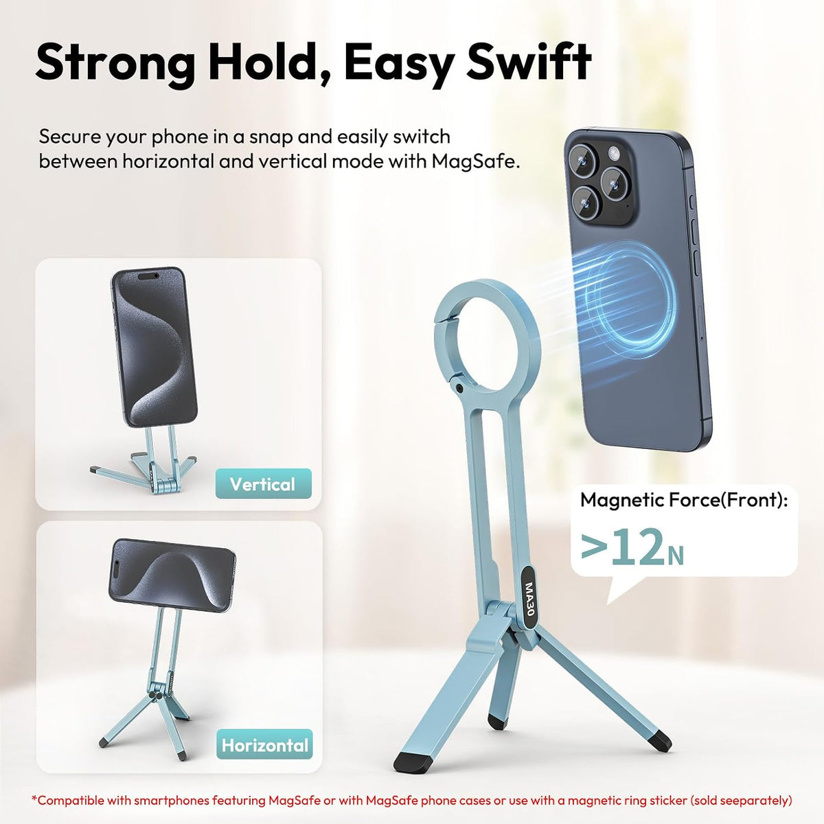 MA30 Magnetic Phone Tripod Stand for iPhone - Aluminium Maglock Smartphone Mini Tripod Pocket Cell Phone Stand Strong Magnet Quick Mount Compatible with iPhone 17 16 15 14 13 12 Series, Black