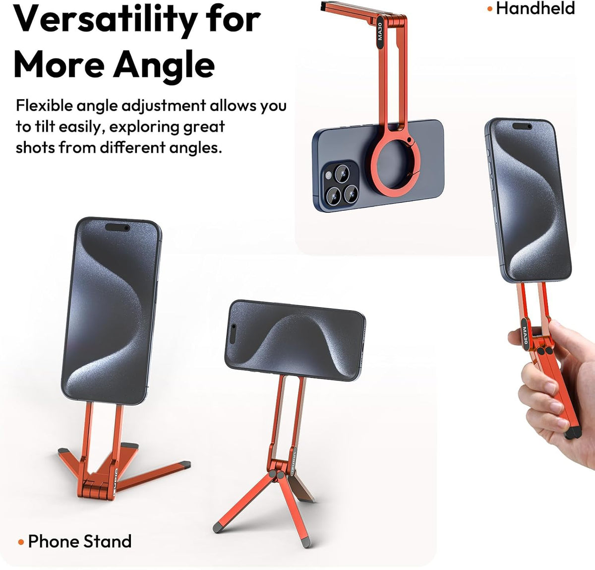 MA30 Magnetic Phone Tripod Stand for iPhone - Aluminium Maglock Smartphone Mini Tripod Pocket Cell Phone Stand Strong Magnet Quick Mount Compatible with iPhone 17 16 15 14 13 12 Series, Black