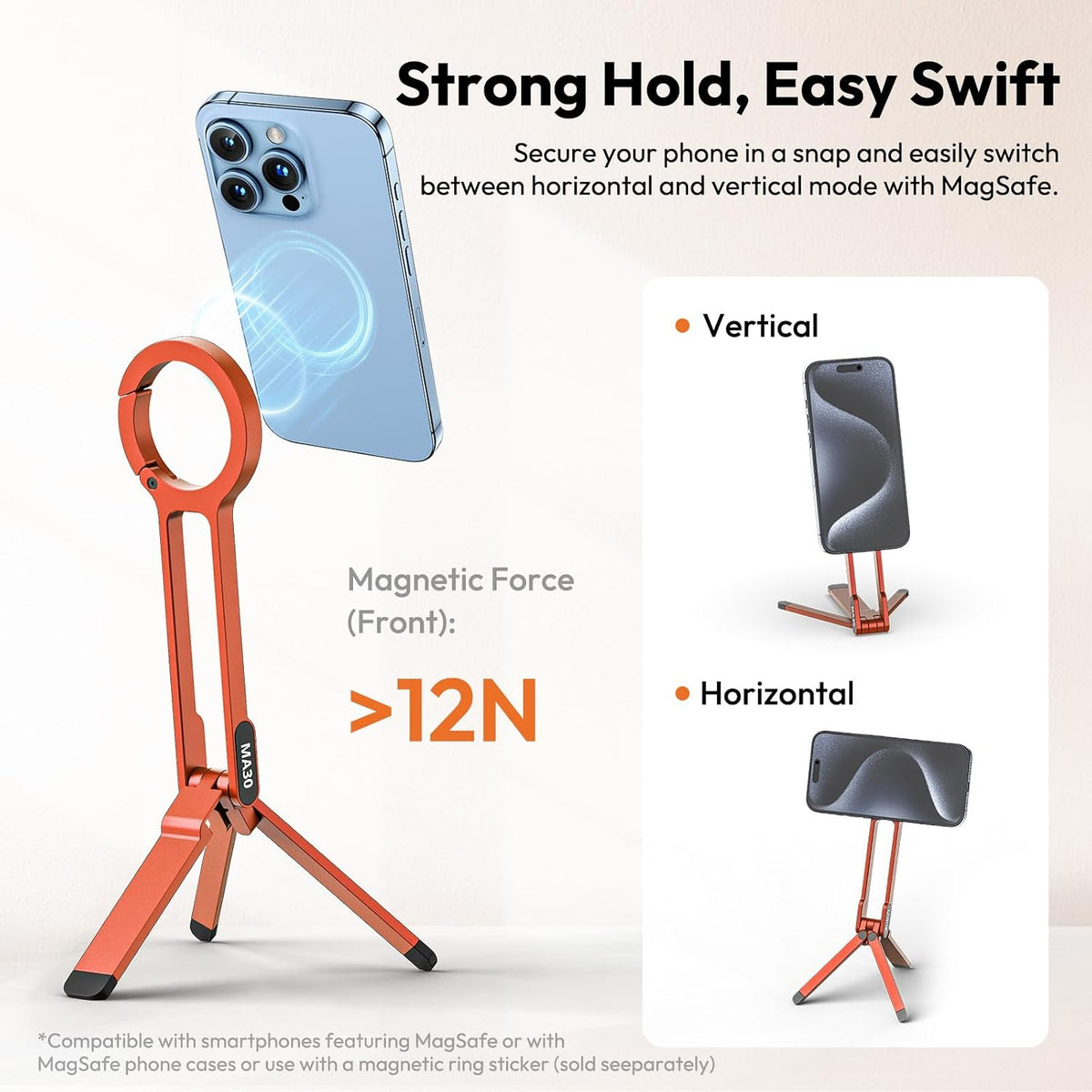 MA30 Magnetic Phone Tripod Stand for iPhone - Aluminium Maglock Smartphone Mini Tripod Pocket Cell Phone Stand Strong Magnet Quick Mount Compatible with iPhone 17 16 15 14 13 12 Series, Black