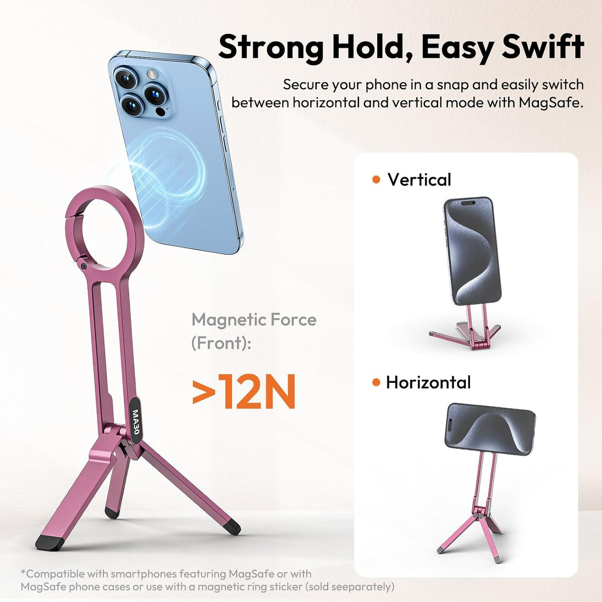 MA30 Magnetic Phone Tripod Stand for iPhone - Aluminium Maglock Smartphone Mini Tripod Pocket Cell Phone Stand Strong Magnet Quick Mount Compatible with iPhone 17 16 15 14 13 12 Series, Black