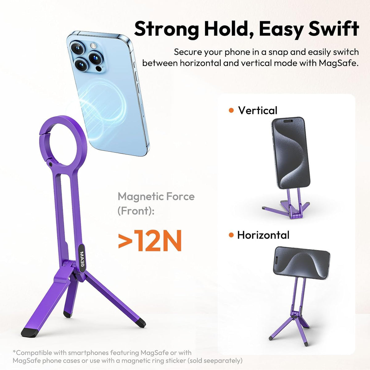 MA30 Magnetic Phone Tripod Stand for iPhone - Aluminium Maglock Smartphone Mini Tripod Pocket Cell Phone Stand Strong Magnet Quick Mount Compatible with iPhone 17 16 15 14 13 12 Series, Black
