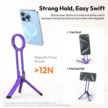 MA30 Magnetic Phone Tripod Stand for iPhone - Aluminium Maglock Smartphone Mini Tripod Pocket Cell Phone Stand Strong Magnet Quick Mount Compatible with iPhone 17 16 15 14 13 12 Series, Black