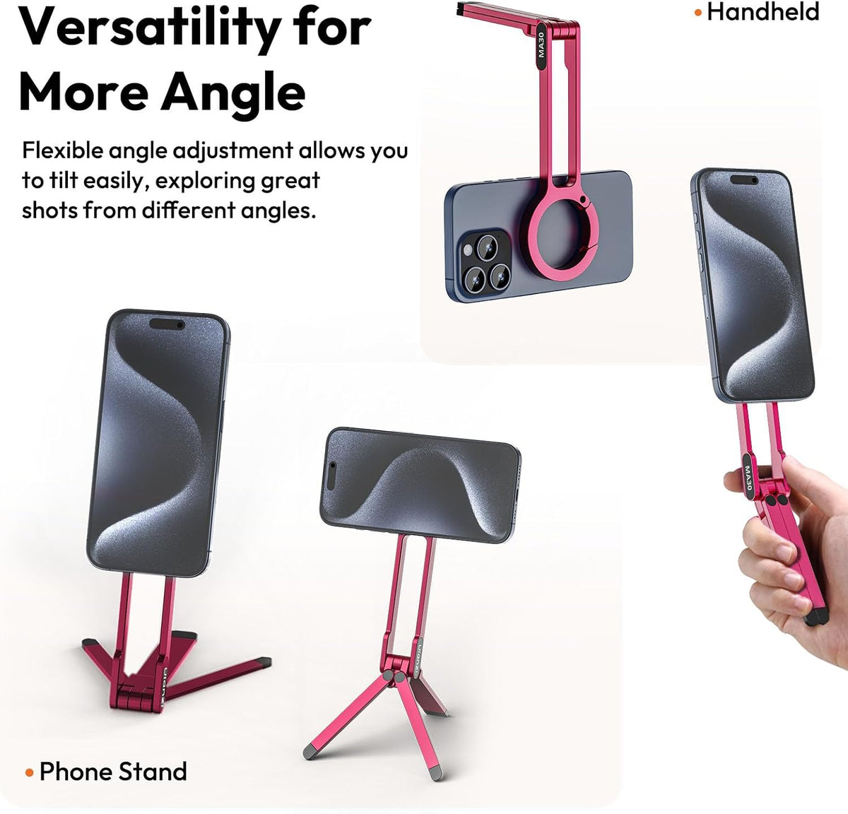 MA30 Magnetic Phone Tripod Stand for iPhone - Aluminium Maglock Smartphone Mini Tripod Pocket Cell Phone Stand Strong Magnet Quick Mount Compatible with iPhone 17 16 15 14 13 12 Series, Black
