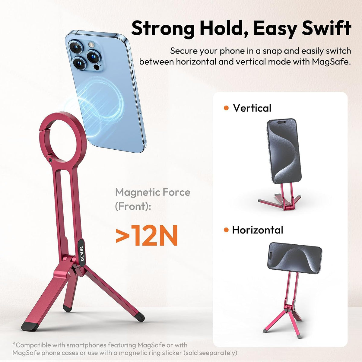 MA30 Magnetic Phone Tripod Stand for iPhone - Aluminium Maglock Smartphone Mini Tripod Pocket Cell Phone Stand Strong Magnet Quick Mount Compatible with iPhone 17 16 15 14 13 12 Series, Black