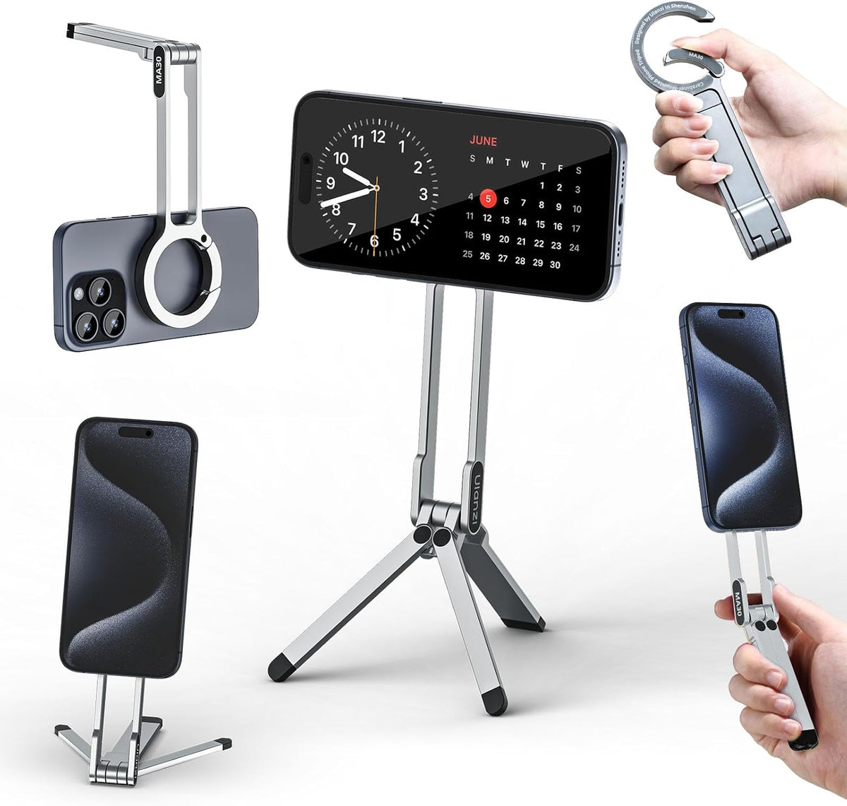 MA30 Magnetic Phone Tripod Stand for iPhone - Aluminium Maglock Smartphone Mini Tripod Pocket Cell Phone Stand Strong Magnet Quick Mount Compatible with iPhone 17 16 15 14 13 12 Series, Black